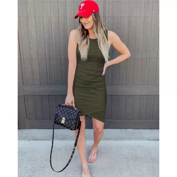 BTFBM Women 2024 Summer Sleeveless Tank Dresses Crew Neck Slim Fit Short Casual Ruched Bodycon Party Club Mini DressArmy Green