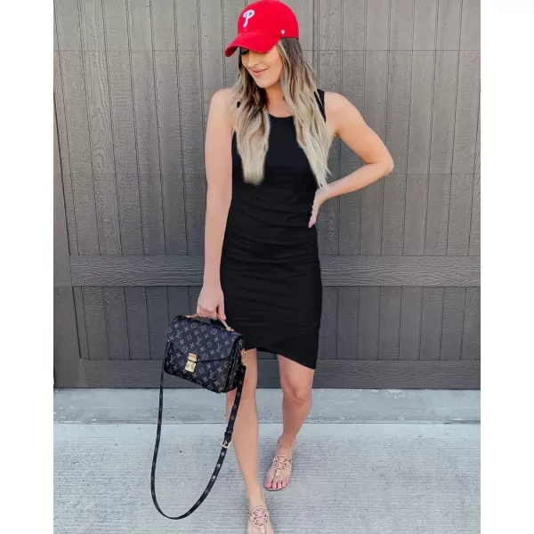 BTFBM Women 2024 Summer Sleeveless Tank Dresses Crew Neck Slim Fit Short Casual Ruched Bodycon Party Club Mini DressBlack
