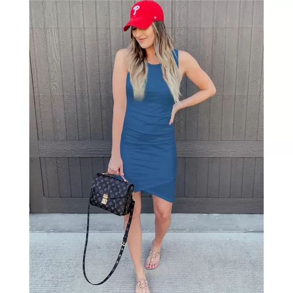 BTFBM Women 2024 Summer Sleeveless Tank Dresses Crew Neck Slim Fit Short Casual Ruched Bodycon Party Club Mini DressBlue