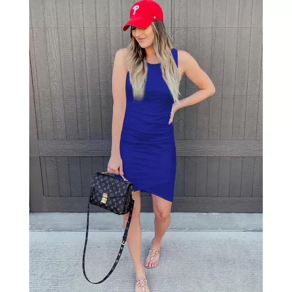 BTFBM Women 2024 Summer Sleeveless Tank Dresses Crew Neck Slim Fit Short Casual Ruched Bodycon Party Club Mini DressBright Blue