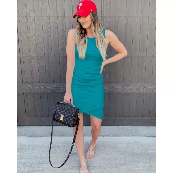 BTFBM Women 2024 Summer Sleeveless Tank Dresses Crew Neck Slim Fit Short Casual Ruched Bodycon Party Club Mini DressBright Green 2