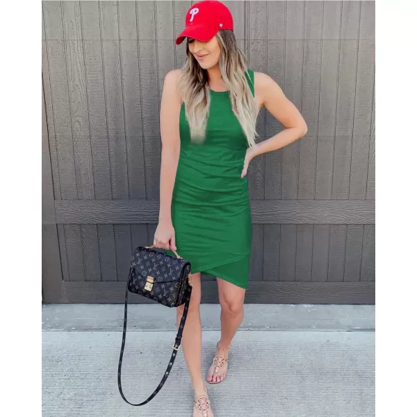 BTFBM Women 2024 Summer Sleeveless Tank Dresses Crew Neck Slim Fit Short Casual Ruched Bodycon Party Club Mini DressBright Green