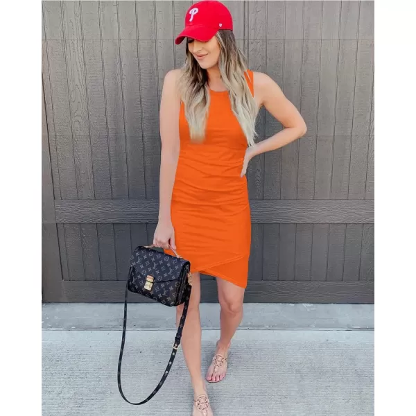 BTFBM Women 2024 Summer Sleeveless Tank Dresses Crew Neck Slim Fit Short Casual Ruched Bodycon Party Club Mini DressBright Orange