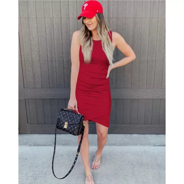BTFBM Women 2024 Summer Sleeveless Tank Dresses Crew Neck Slim Fit Short Casual Ruched Bodycon Party Club Mini DressBright Red