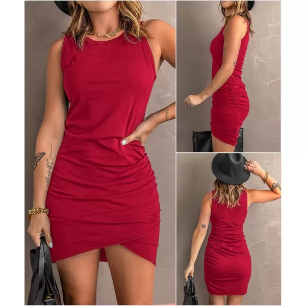 BTFBM Women 2024 Summer Sleeveless Tank Dresses Crew Neck Slim Fit Short Casual Ruched Bodycon Party Club Mini DressBright Red
