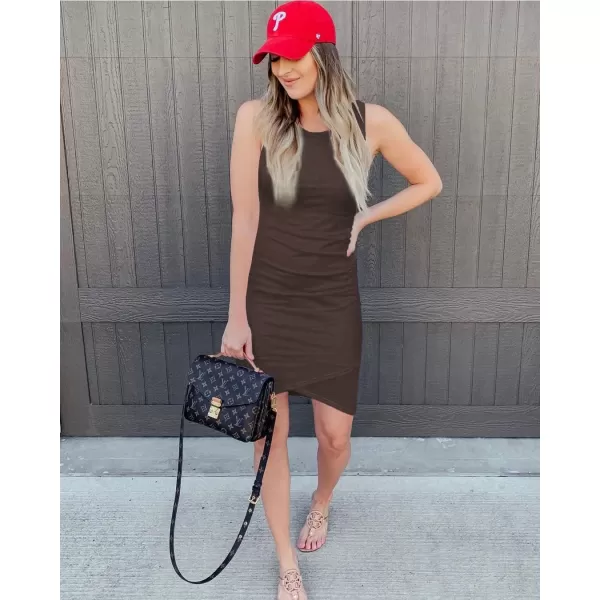 BTFBM Women 2024 Summer Sleeveless Tank Dresses Crew Neck Slim Fit Short Casual Ruched Bodycon Party Club Mini DressCoffee