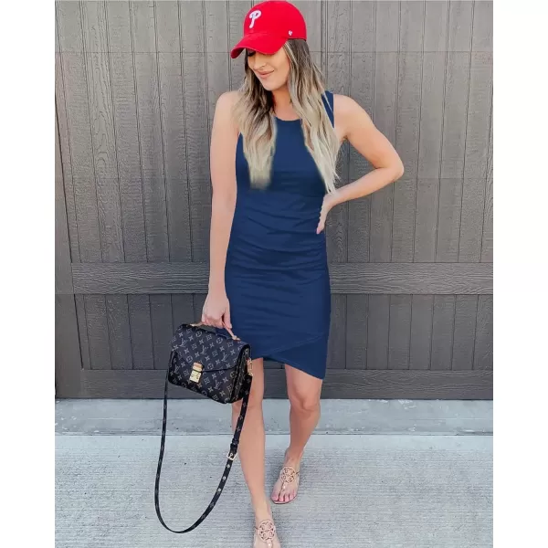 BTFBM Women 2024 Summer Sleeveless Tank Dresses Crew Neck Slim Fit Short Casual Ruched Bodycon Party Club Mini DressDark Blue