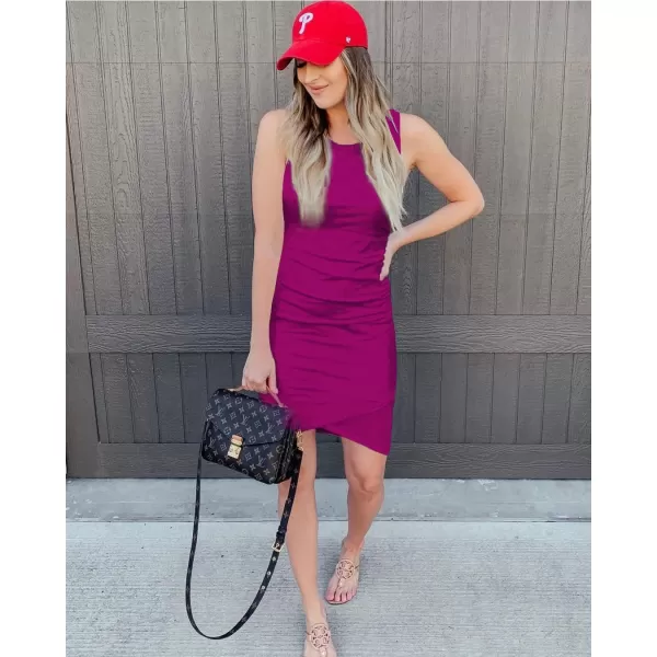 BTFBM Women 2024 Summer Sleeveless Tank Dresses Crew Neck Slim Fit Short Casual Ruched Bodycon Party Club Mini DressDark Purple