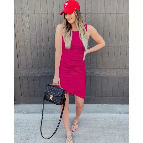 BTFBM Women 2024 Summer Sleeveless Tank Dresses Crew Neck Slim Fit Short Casual Ruched Bodycon Party Club Mini DressDark Rose Red