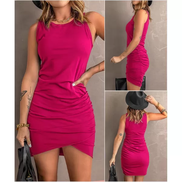 BTFBM Women 2024 Summer Sleeveless Tank Dresses Crew Neck Slim Fit Short Casual Ruched Bodycon Party Club Mini DressDark Rose Red