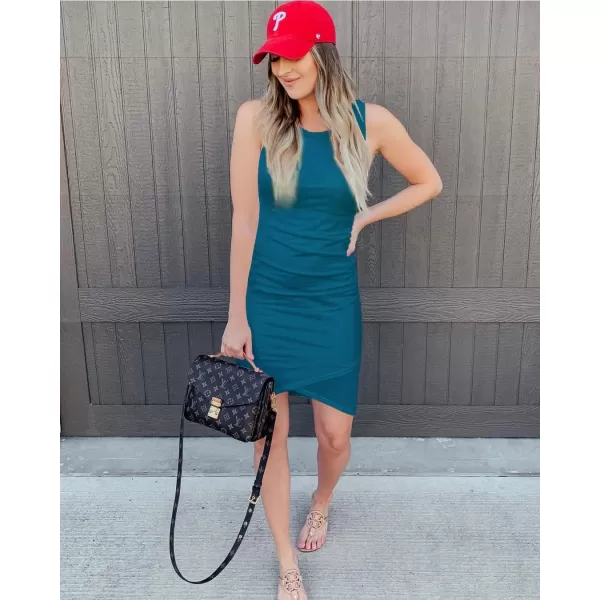 BTFBM Women 2024 Summer Sleeveless Tank Dresses Crew Neck Slim Fit Short Casual Ruched Bodycon Party Club Mini DressDeep Blue