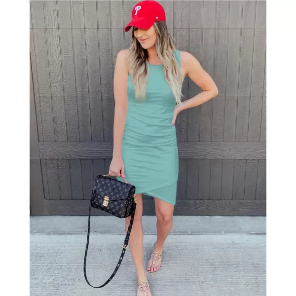 BTFBM Women 2024 Summer Sleeveless Tank Dresses Crew Neck Slim Fit Short Casual Ruched Bodycon Party Club Mini DressGreen