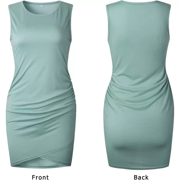 BTFBM Women 2024 Summer Sleeveless Tank Dresses Crew Neck Slim Fit Short Casual Ruched Bodycon Party Club Mini DressGreen