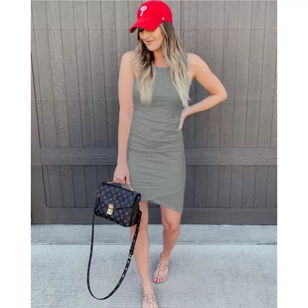 BTFBM Women 2024 Summer Sleeveless Tank Dresses Crew Neck Slim Fit Short Casual Ruched Bodycon Party Club Mini DressGrey