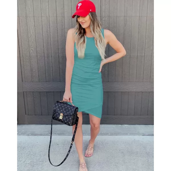 BTFBM Women 2024 Summer Sleeveless Tank Dresses Crew Neck Slim Fit Short Casual Ruched Bodycon Party Club Mini DressLake Blue