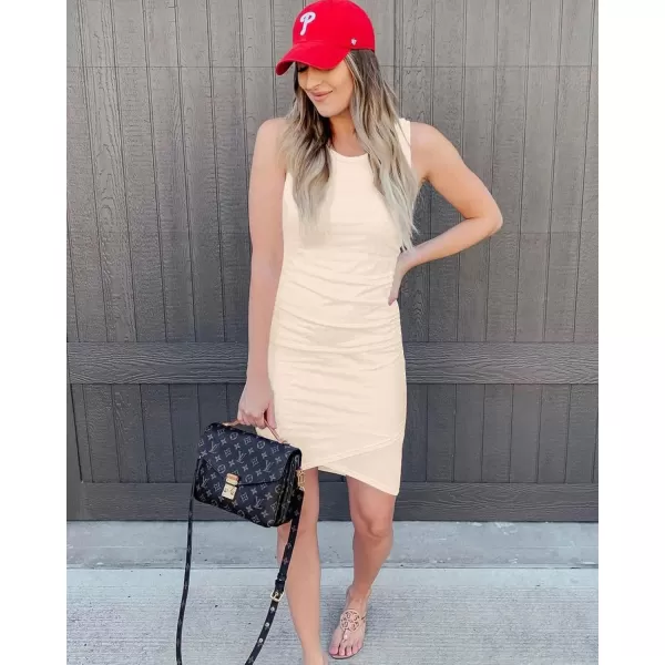 BTFBM Women 2024 Summer Sleeveless Tank Dresses Crew Neck Slim Fit Short Casual Ruched Bodycon Party Club Mini DressLight Apricot