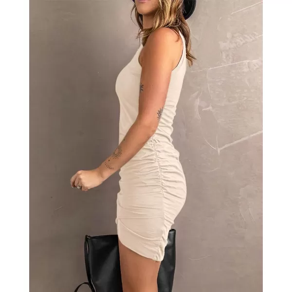 BTFBM Women 2024 Summer Sleeveless Tank Dresses Crew Neck Slim Fit Short Casual Ruched Bodycon Party Club Mini DressLight Apricot