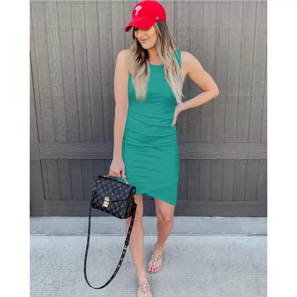 BTFBM Women 2024 Summer Sleeveless Tank Dresses Crew Neck Slim Fit Short Casual Ruched Bodycon Party Club Mini DressLight Green