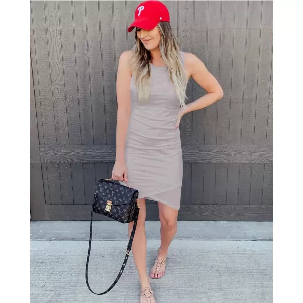 BTFBM Women 2024 Summer Sleeveless Tank Dresses Crew Neck Slim Fit Short Casual Ruched Bodycon Party Club Mini DressLight Grey