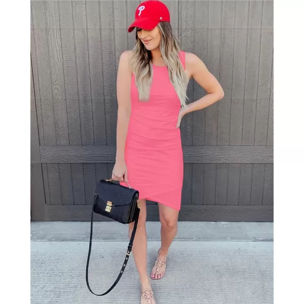 BTFBM Women 2024 Summer Sleeveless Tank Dresses Crew Neck Slim Fit Short Casual Ruched Bodycon Party Club Mini DressLight Pink