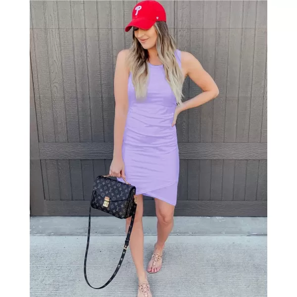 BTFBM Women 2024 Summer Sleeveless Tank Dresses Crew Neck Slim Fit Short Casual Ruched Bodycon Party Club Mini DressLight Purple