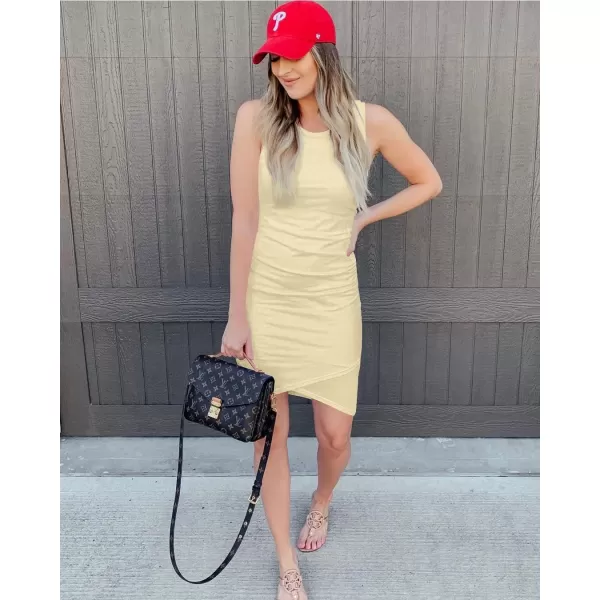BTFBM Women 2024 Summer Sleeveless Tank Dresses Crew Neck Slim Fit Short Casual Ruched Bodycon Party Club Mini DressLight Yellow