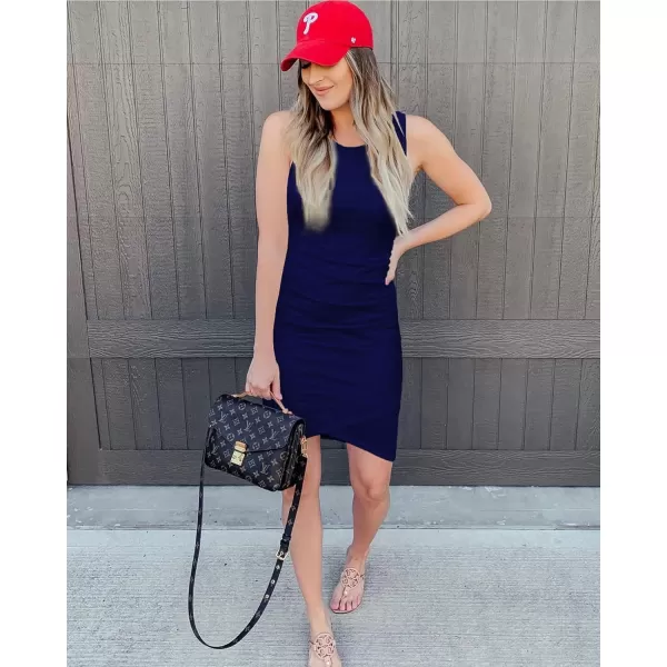 BTFBM Women 2024 Summer Sleeveless Tank Dresses Crew Neck Slim Fit Short Casual Ruched Bodycon Party Club Mini DressNavy