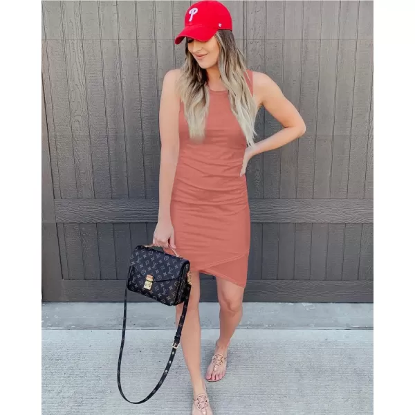 BTFBM Women 2024 Summer Sleeveless Tank Dresses Crew Neck Slim Fit Short Casual Ruched Bodycon Party Club Mini DressPink