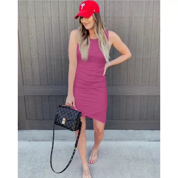 BTFBM Women 2024 Summer Sleeveless Tank Dresses Crew Neck Slim Fit Short Casual Ruched Bodycon Party Club Mini DressPurple Red