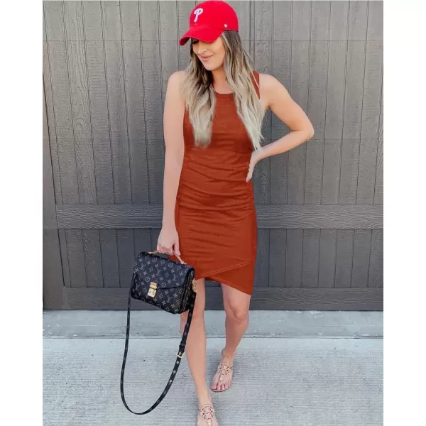 BTFBM Women 2024 Summer Sleeveless Tank Dresses Crew Neck Slim Fit Short Casual Ruched Bodycon Party Club Mini DressRed Khaki
