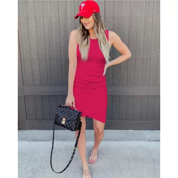 BTFBM Women 2024 Summer Sleeveless Tank Dresses Crew Neck Slim Fit Short Casual Ruched Bodycon Party Club Mini DressRose Red