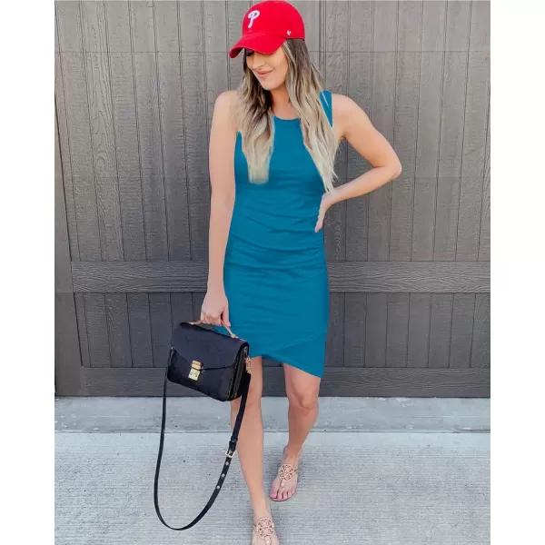 BTFBM Women 2024 Summer Sleeveless Tank Dresses Crew Neck Slim Fit Short Casual Ruched Bodycon Party Club Mini DressSky Blue