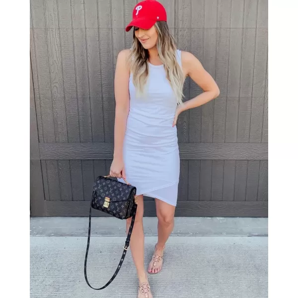 BTFBM Women 2024 Summer Sleeveless Tank Dresses Crew Neck Slim Fit Short Casual Ruched Bodycon Party Club Mini DressWhite