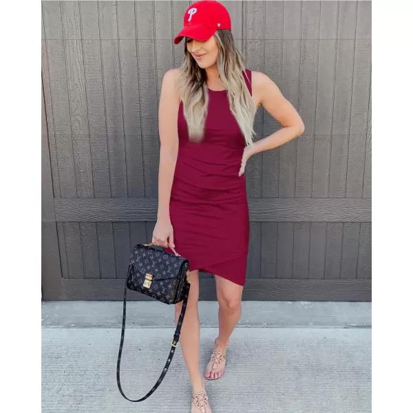 BTFBM Women 2024 Summer Sleeveless Tank Dresses Crew Neck Slim Fit Short Casual Ruched Bodycon Party Club Mini DressWine Red