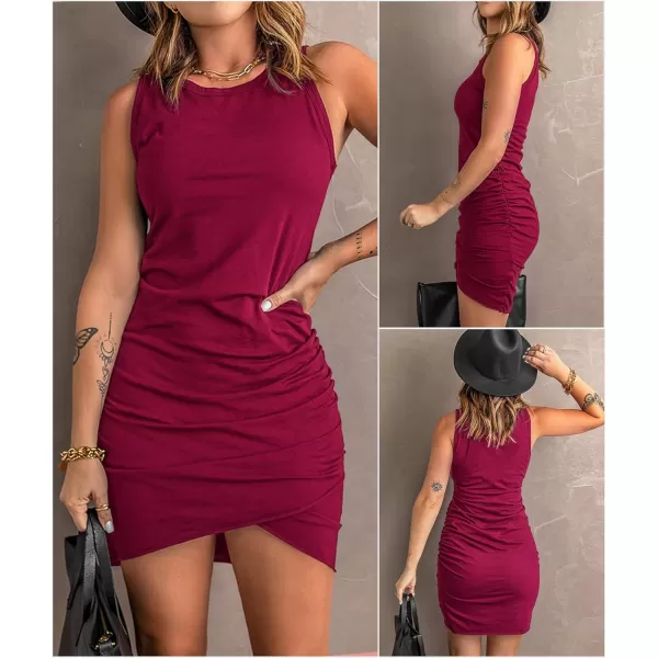 BTFBM Women 2024 Summer Sleeveless Tank Dresses Crew Neck Slim Fit Short Casual Ruched Bodycon Party Club Mini DressWine Red