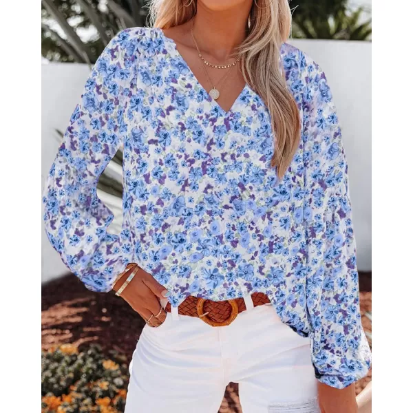 BTFBM Women Casual Boho Blouse Fashion Floral Shirts V Neck Long Puff Sleeve Lightweight Chiffon Summer Fall Tops 2024Floral Dark Blue