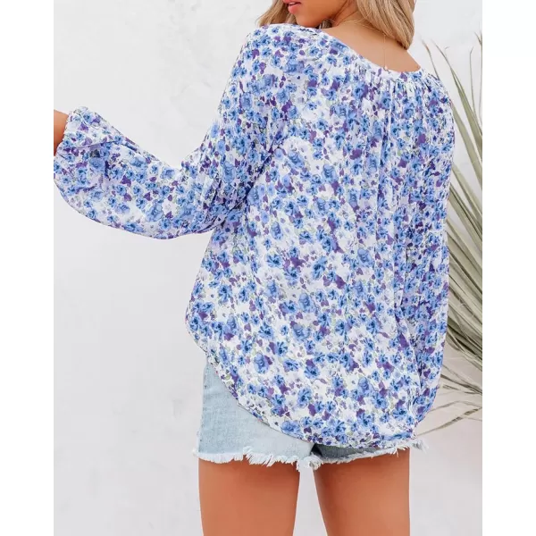 BTFBM Women Casual Boho Blouse Fashion Floral Shirts V Neck Long Puff Sleeve Lightweight Chiffon Summer Fall Tops 2024Floral Dark Blue