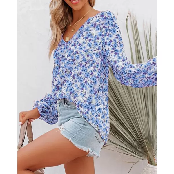 BTFBM Women Casual Boho Blouse Fashion Floral Shirts V Neck Long Puff Sleeve Lightweight Chiffon Summer Fall Tops 2024Floral Dark Blue