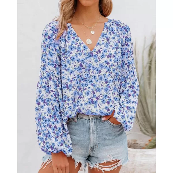 BTFBM Women Casual Boho Blouse Fashion Floral Shirts V Neck Long Puff Sleeve Lightweight Chiffon Summer Fall Tops 2024Floral Dark Blue
