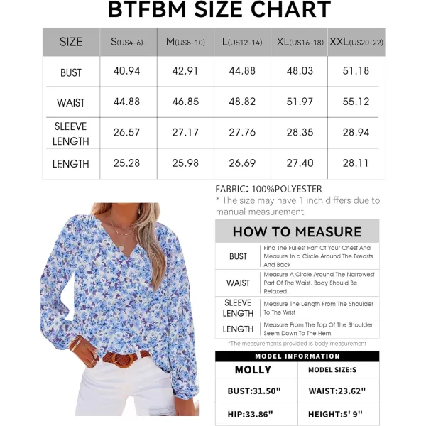 BTFBM Women Casual Boho Blouse Fashion Floral Shirts V Neck Long Puff Sleeve Lightweight Chiffon Summer Fall Tops 2024Floral Dark Blue