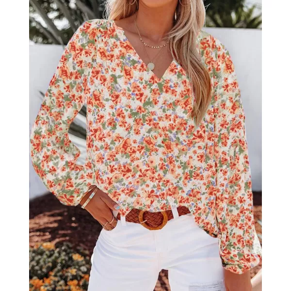 BTFBM Women Casual Boho Blouse Fashion Floral Shirts V Neck Long Puff Sleeve Lightweight Chiffon Summer Fall Tops 2024Floral Orange