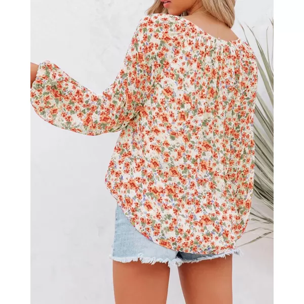 BTFBM Women Casual Boho Blouse Fashion Floral Shirts V Neck Long Puff Sleeve Lightweight Chiffon Summer Fall Tops 2024Floral Orange