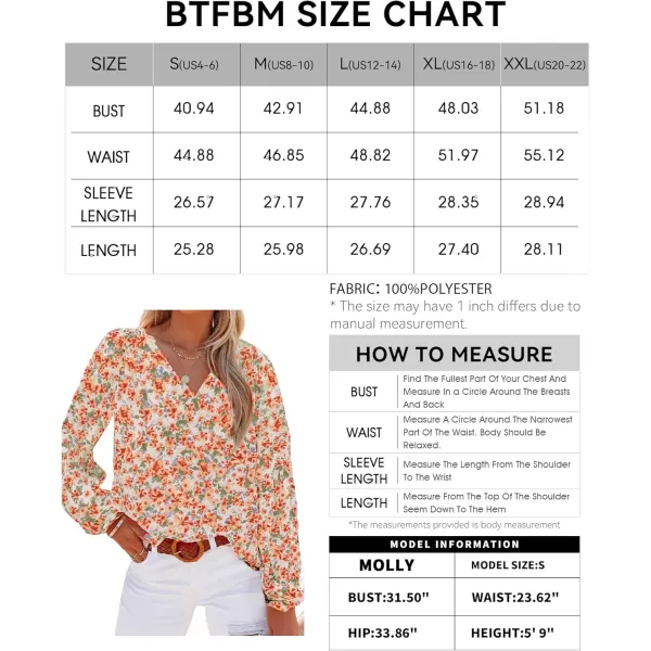BTFBM Women Casual Boho Blouse Fashion Floral Shirts V Neck Long Puff Sleeve Lightweight Chiffon Summer Fall Tops 2024Floral Orange