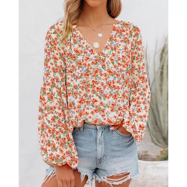 BTFBM Women Casual Boho Blouse Fashion Floral Shirts V Neck Long Puff Sleeve Lightweight Chiffon Summer Fall Tops 2024Floral Orange