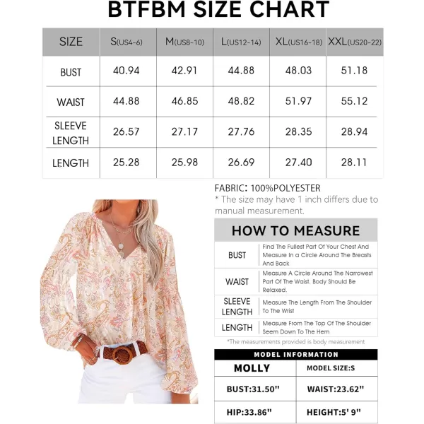 BTFBM Women Casual Boho Blouse Fashion Floral Shirts V Neck Long Puff Sleeve Lightweight Chiffon Summer Fall Tops 2024Floral Print Apricot