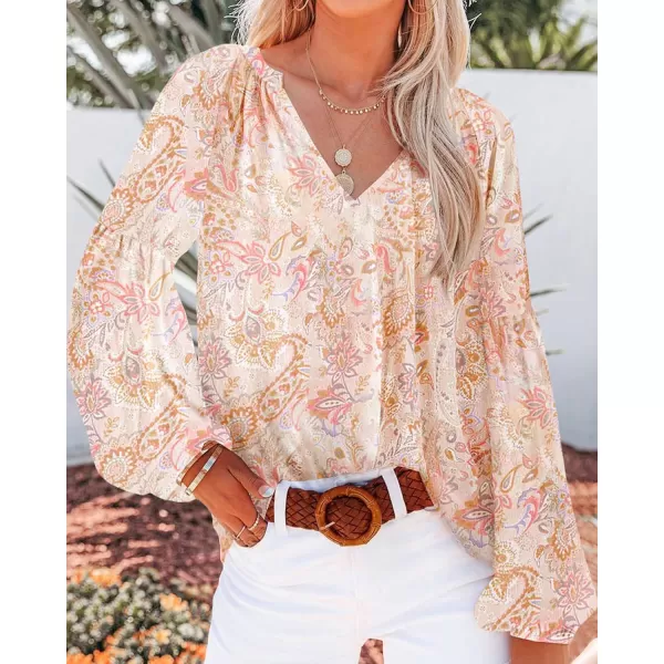 BTFBM Women Casual Boho Blouse Fashion Floral Shirts V Neck Long Puff Sleeve Lightweight Chiffon Summer Fall Tops 2024Floral Print Apricot