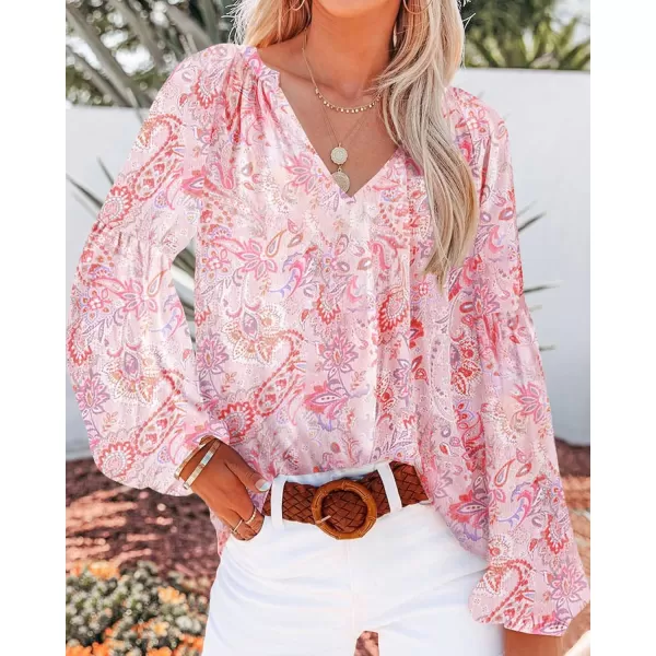 BTFBM Women Casual Boho Blouse Fashion Floral Shirts V Neck Long Puff Sleeve Lightweight Chiffon Summer Fall Tops 2024Floral Print Pink