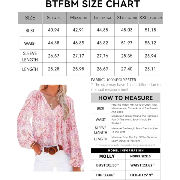 BTFBM Women Casual Boho Blouse Fashion Floral Shirts V Neck Long Puff Sleeve Lightweight Chiffon Summer Fall Tops 2024Floral Print Pink
