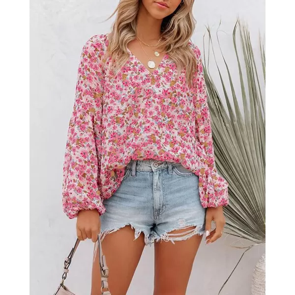 BTFBM Women Casual Boho Blouse Fashion Floral Shirts V Neck Long Puff Sleeve Lightweight Chiffon Summer Fall Tops 2024Floral Red