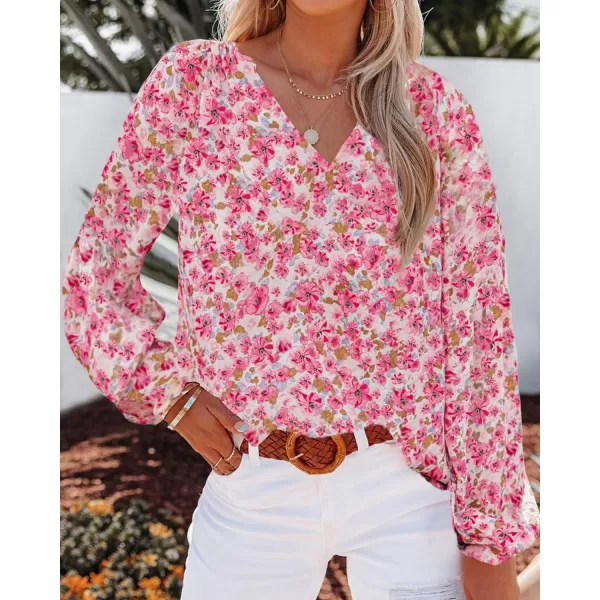 BTFBM Women Casual Boho Blouse Fashion Floral Shirts V Neck Long Puff Sleeve Lightweight Chiffon Summer Fall Tops 2024Floral Red